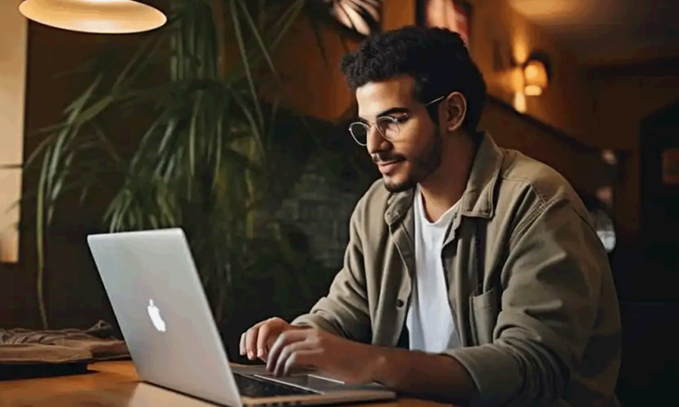 Joven universitario estudiando en computadora